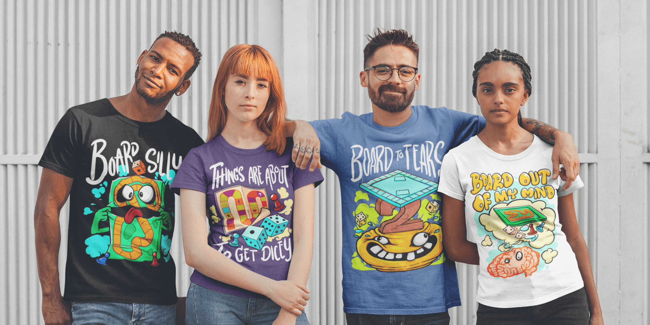 Friends with board games t-shirts - Dying of Boardom - Home Page Banner