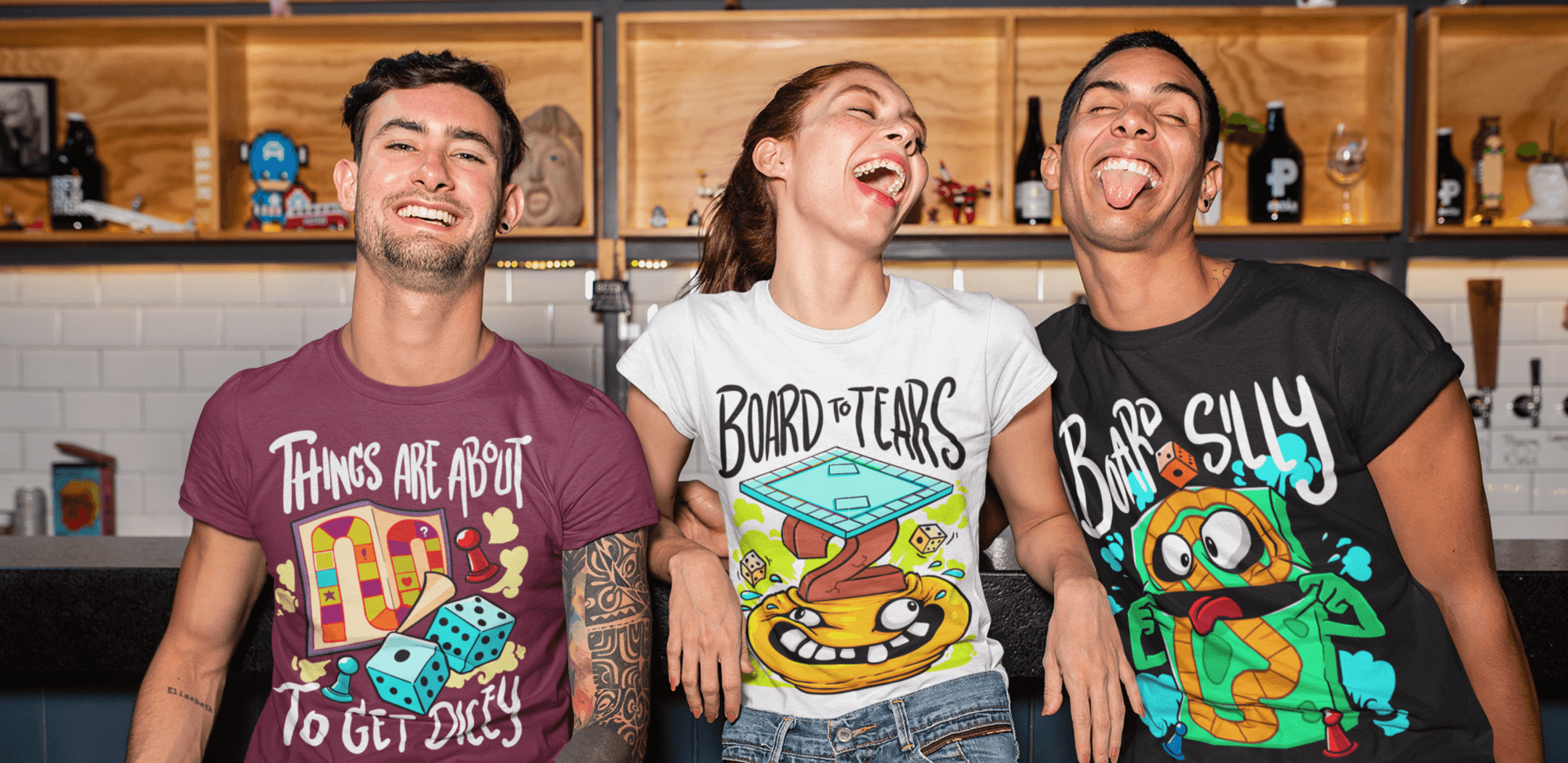 Friends at the bar with board game t-shirts - dying of boardom - Shop the Look