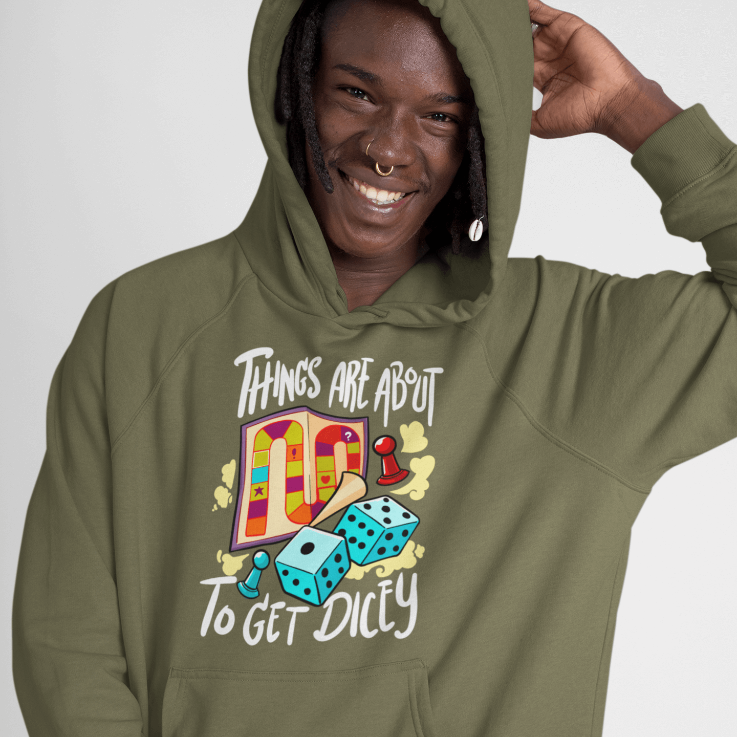 Male Model - Things Are About To Get Dicey Olive Hoodie - Dying Of Boardom