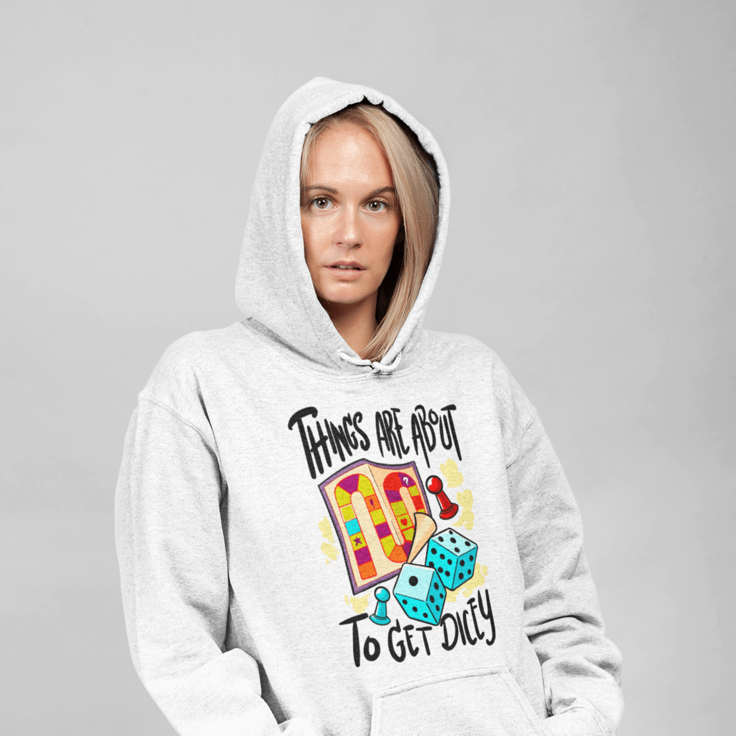 Female Model - Things Are About To Get Dicey White Hoodie - Dying Of Boardom